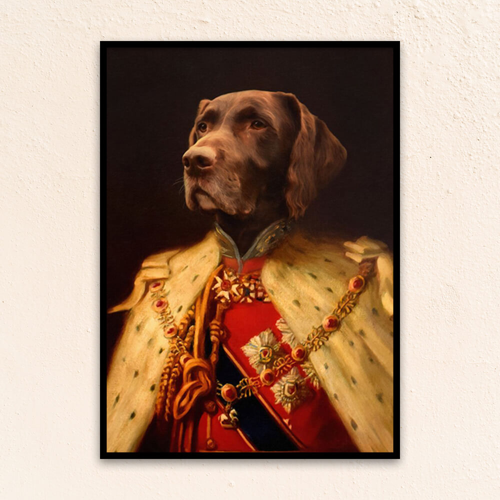 Custom royal pet portrait wall art. Dog in renaissance king's military costume with fur cape.
