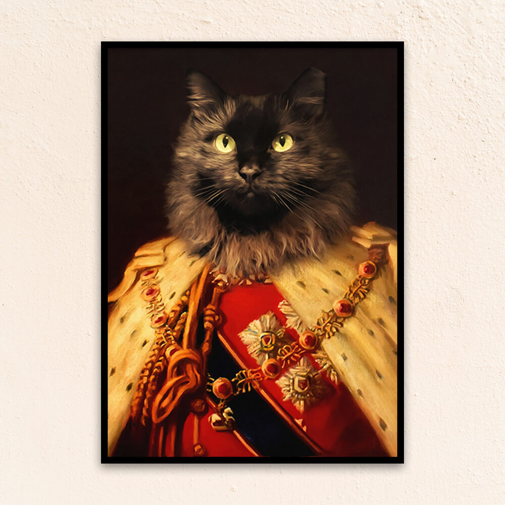 Custom royal pet portrait wall art. Cat in renaissance king's military costume with fur cape.