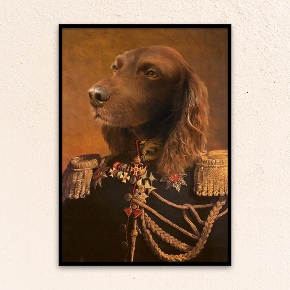 Custom military pet portrait wall art. Boykin Spaniel wearing renaissance military costume.