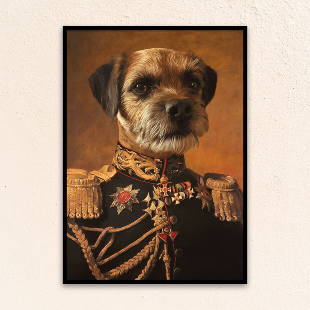 Custom military pet portrait wall art. Border Terrier wearing renaissance military costume.