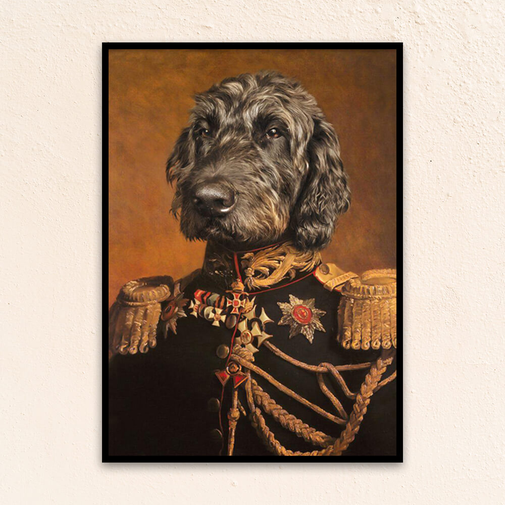 Custom military pet portrait wall art. Otterhound wearing renaissance military costume.