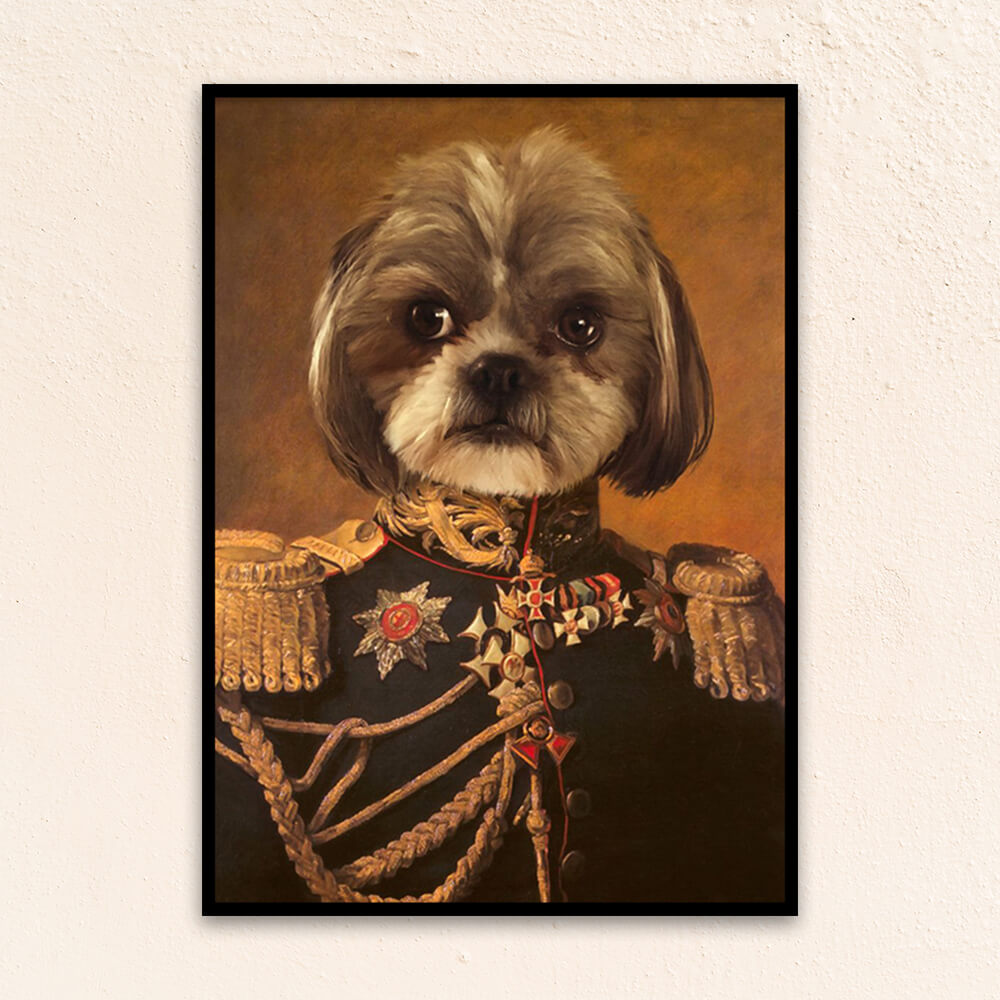 Custom military pet portrait wall art. Shih Tzu wearing renaissance military costume.