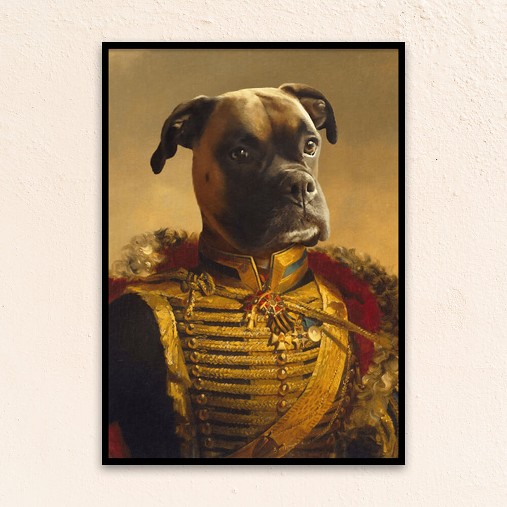 Custom military pet portrait wall art. Boxer dog wearing renaissance military costume with gold sash and red and gold collar.