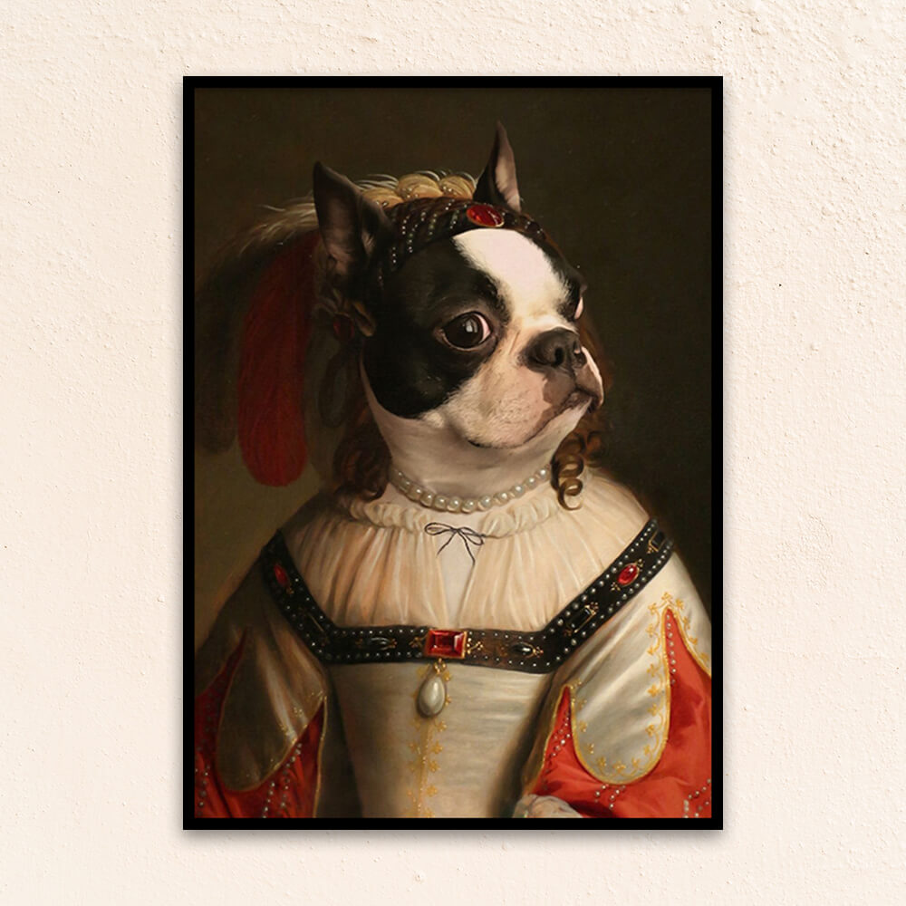Custom regal pet portrait wall art. French Bulldog wearing renaissance costume.