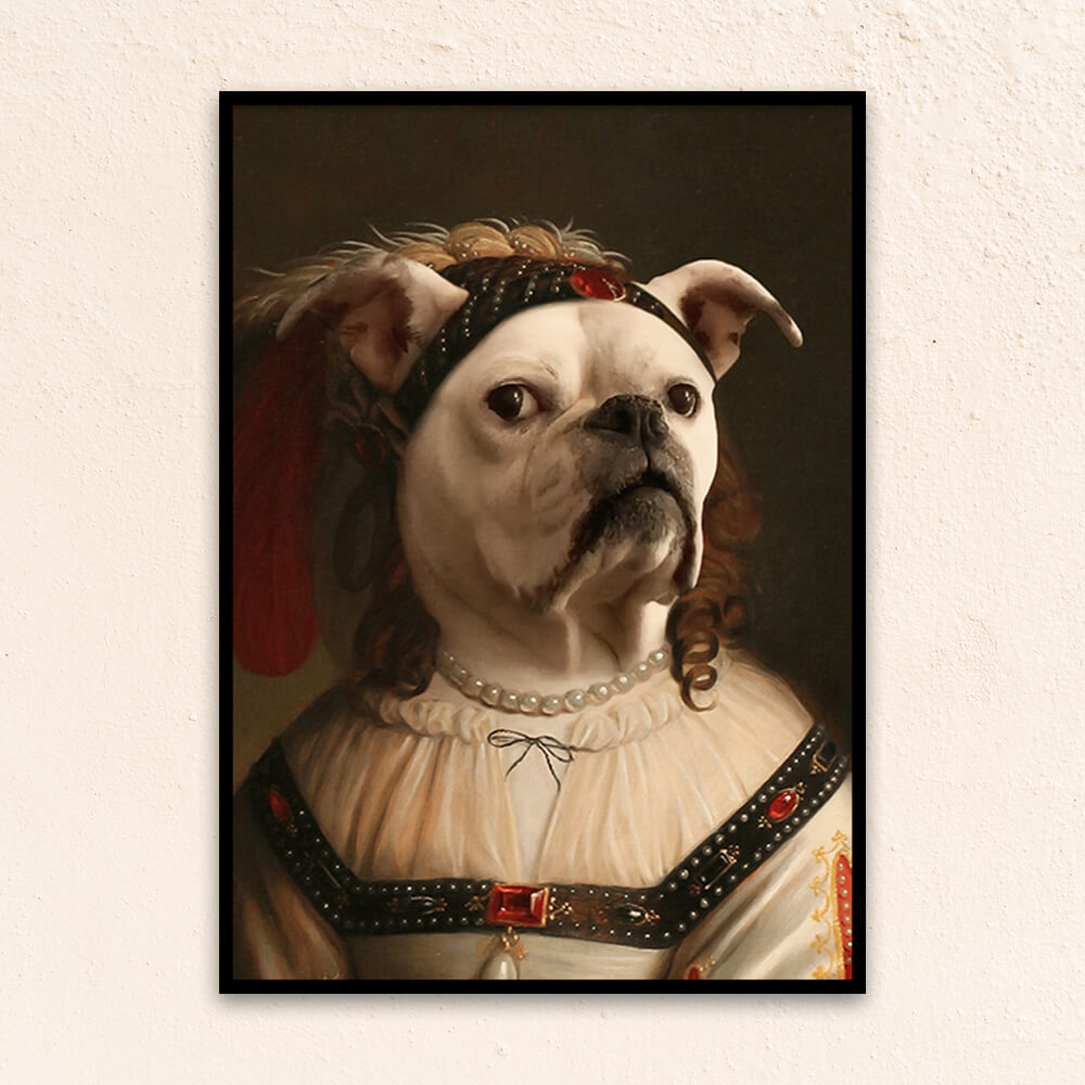 Custom regal pet portrait wall art. Bulldog wearing renaissance costume.