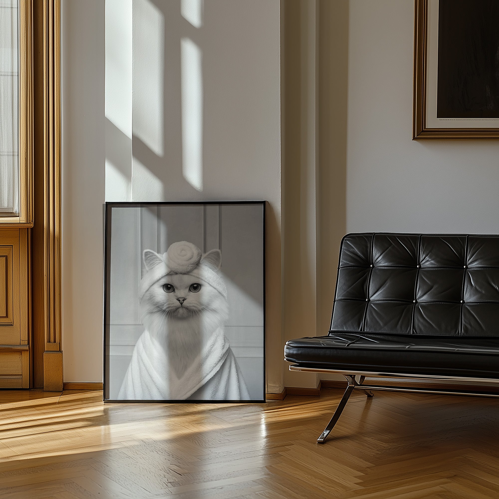 Custom Bathroom Cat Portrait | Black & White Robe and Head Towel