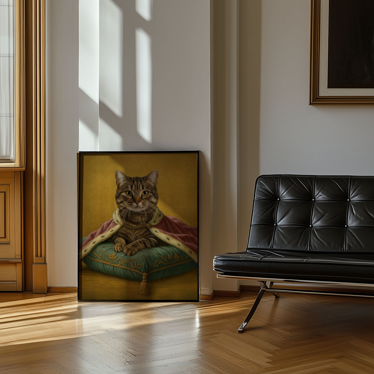 A classic style, golden backdrop, framed portrait print of a tabby cat wearing a rose gold cape and resting on a green colored pillow with artistic embroidery, leaning against a wall in a sunlit room next to a black leather chair.