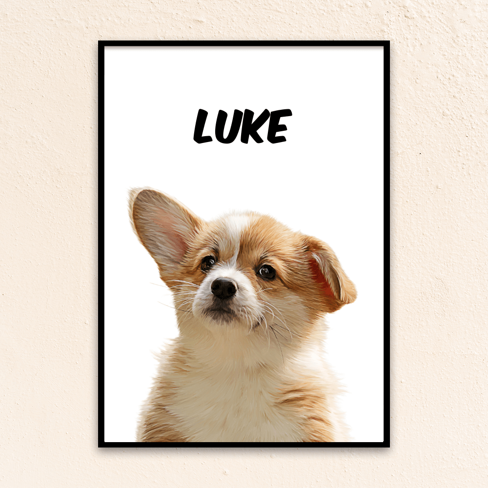 Custom minimal pet portrait. Welsh Corgi puppy with the pet's name at the top of the poster.