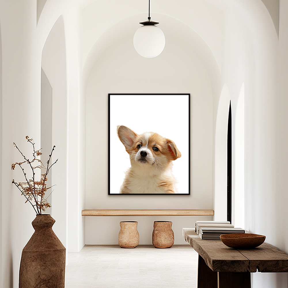 Custom minimal pet portrait. Welsh Corgi puppy hallway wall art.
