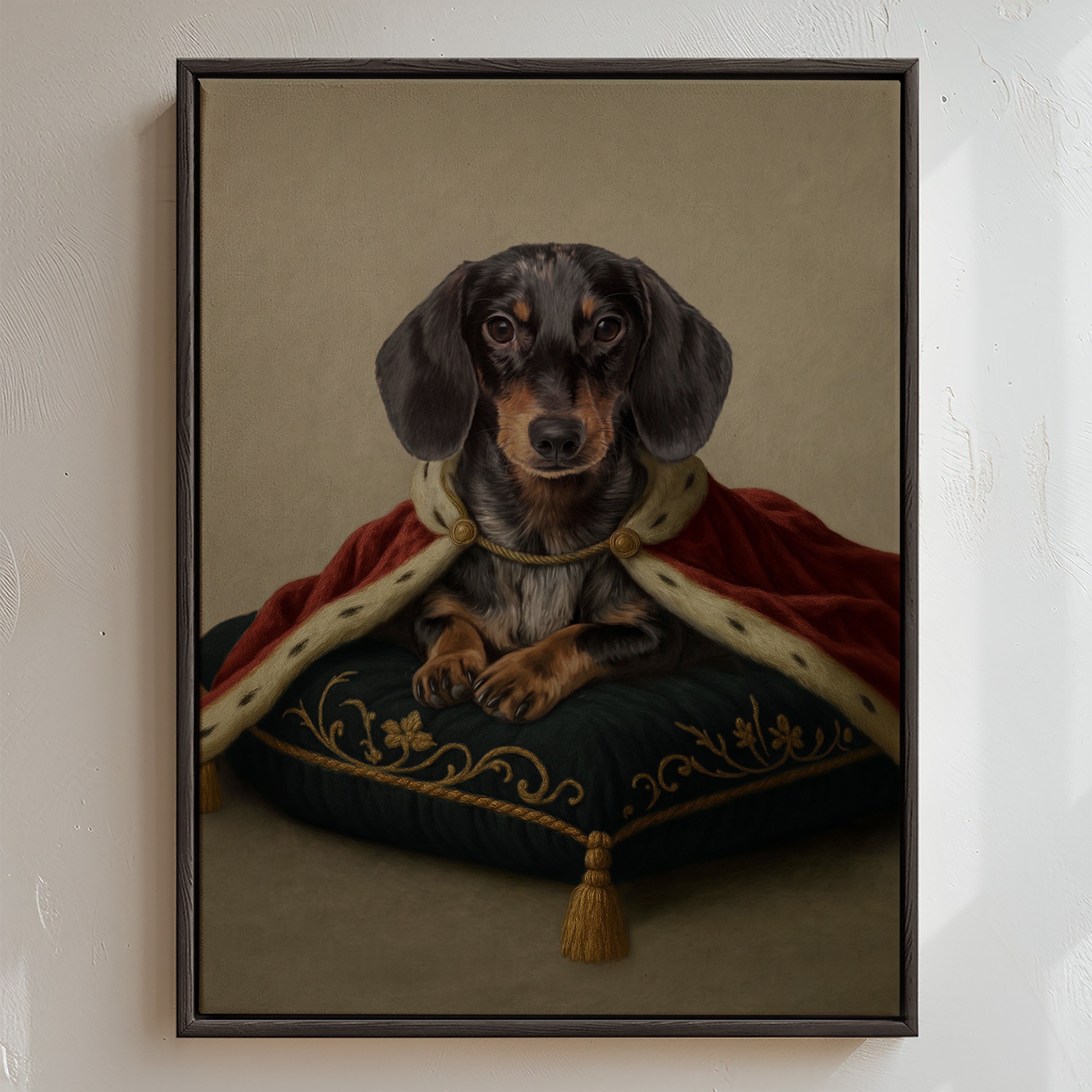 Burgundy & Navy Modern Royal Sitting Pet Portrait, featuring a richly detailed regal coat, elegant cushion and timeless painted finish.