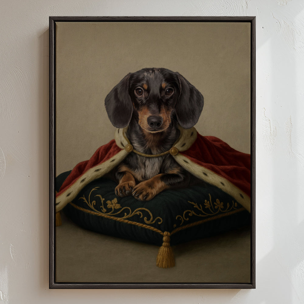 Burgundy & Navy Modern Royal Sitting Pet Portrait, featuring a richly detailed regal coat, elegant cushion and timeless painted finish.