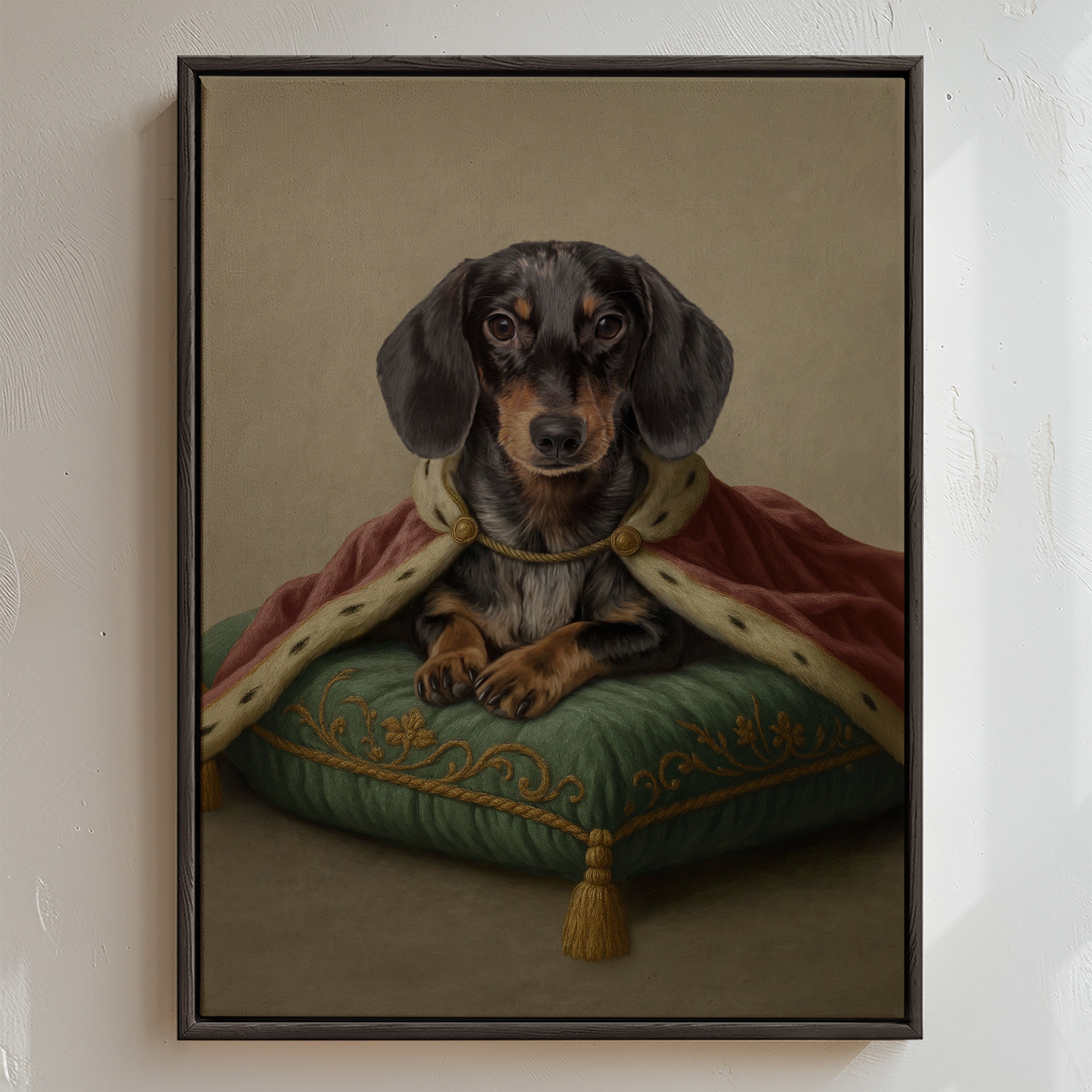 Custom modern royal sitting pet portrait in Rose & Sage featuring featuring a luxurious royal cape and elegant velvet details.