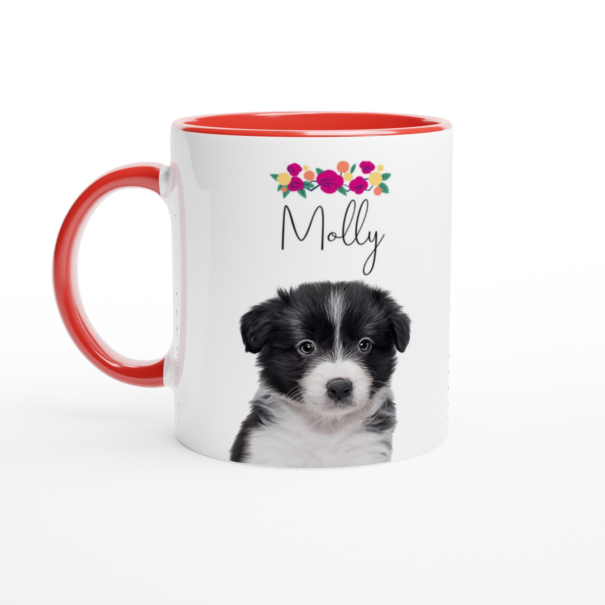 Custom pet portrait mug. Border Collie puppy floral crown with pet name above dog. Red mug interior and handle.