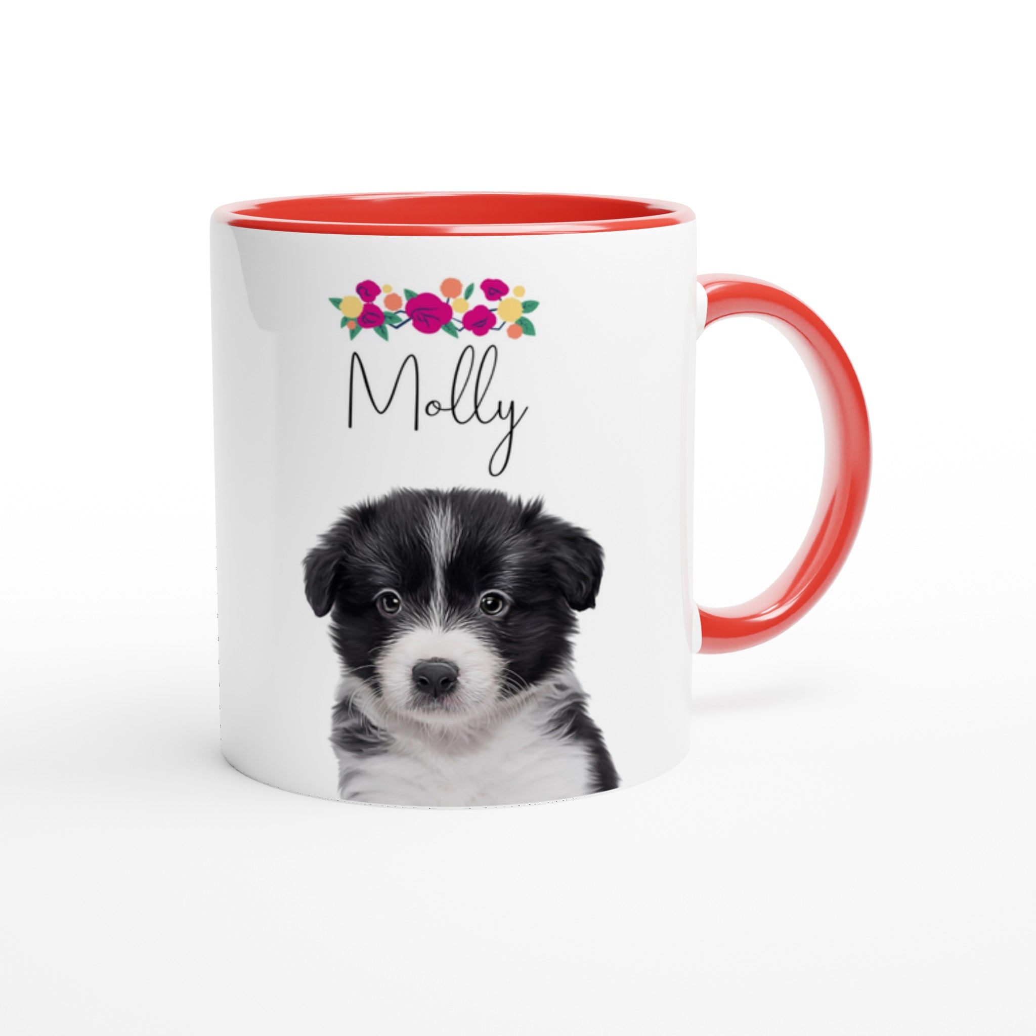 Custom pet portrait mug. Border Collie puppy floral crown with pet name above dog. Red mug interior and handle.
