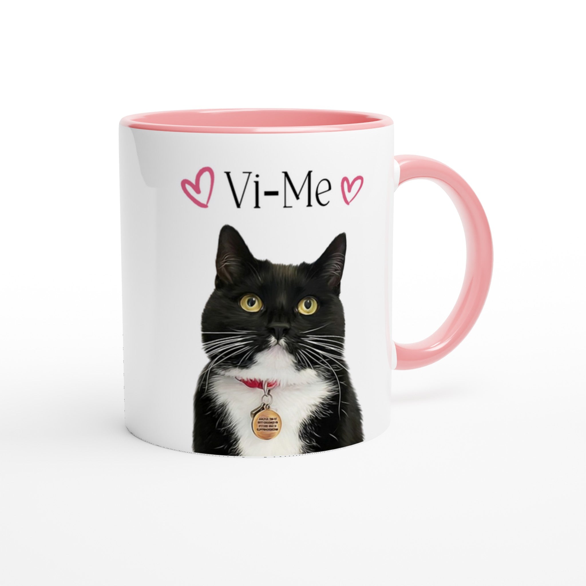 Custom pet portrait mug. Black and white cat with pet name above cat with pink mug interior and handle.
