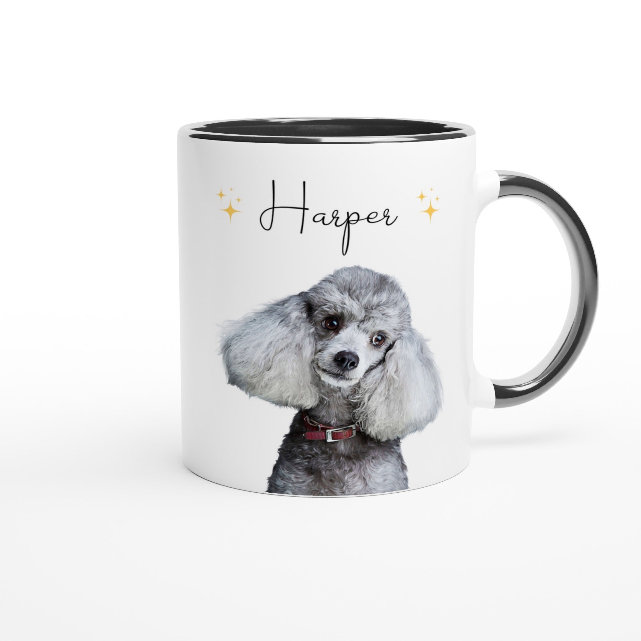 Custom pet portrait mug. Poodle with pet name above dog. Stars on each side of name. Black mug interior and handle.