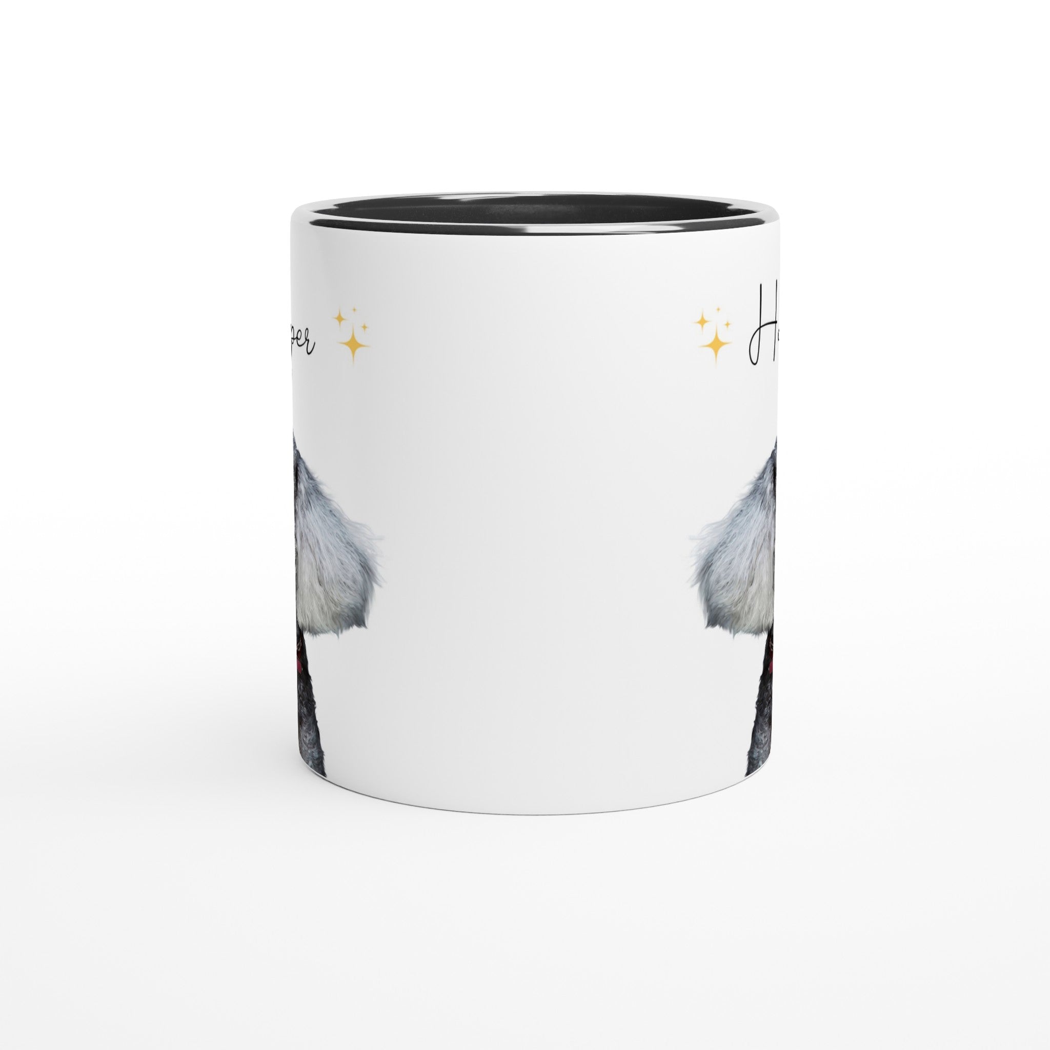 Custom pet portrait mug. Poodle with pet name above dog. Stars on each side of name. Black mug interior and handle.