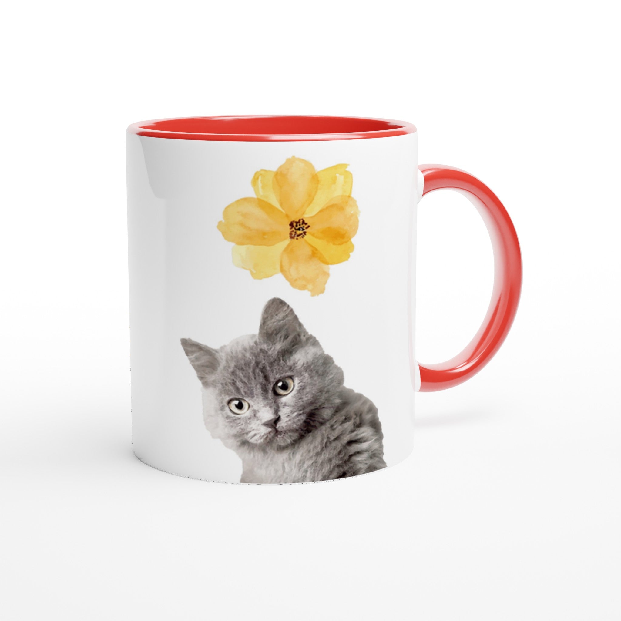 Custom pet portrait white mug. British short hair cat with yellow flower above cat. Red interior mug and red handle.