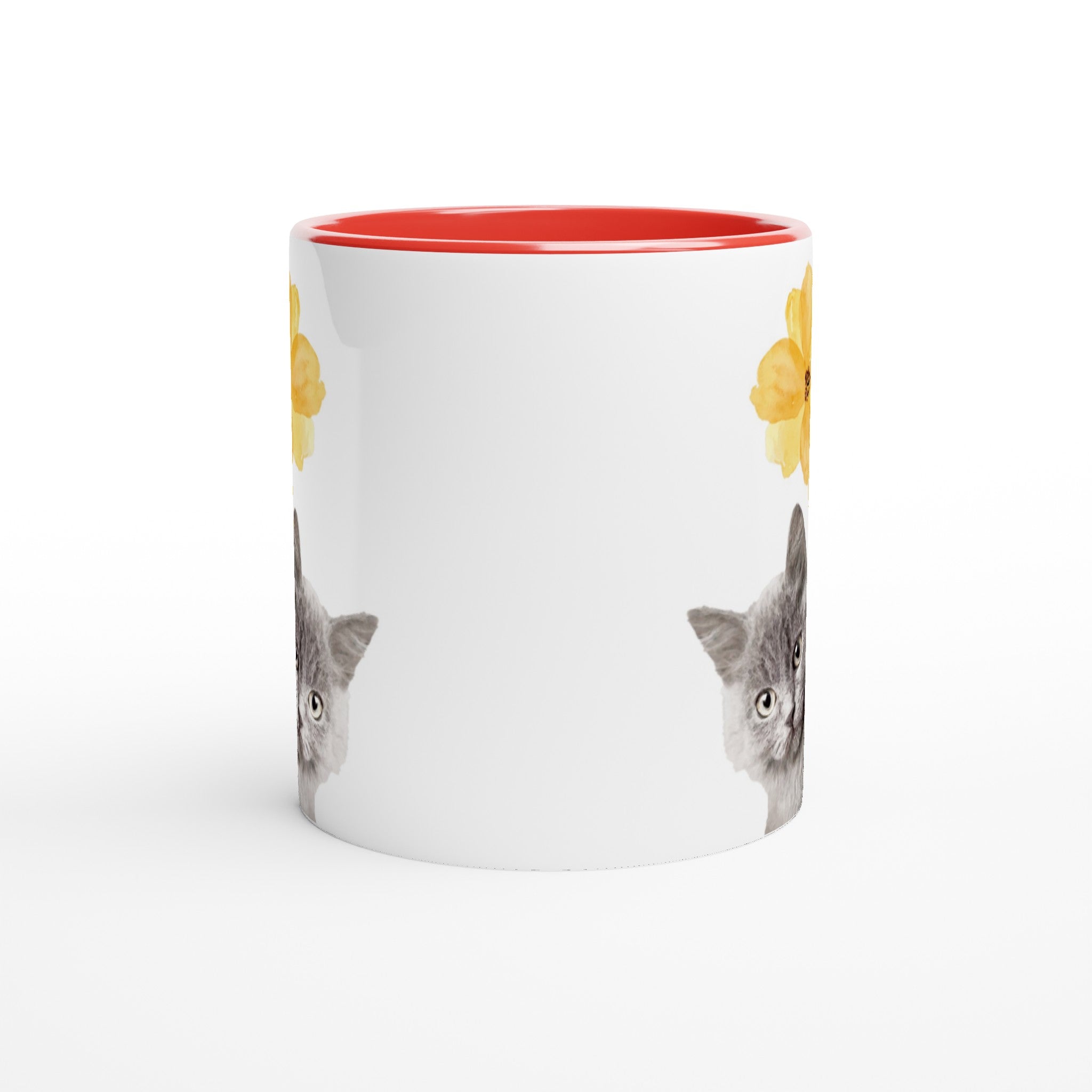 Custom pet portrait white mug. British short hair cat with yellow flower above cat. Red interior mug and red handle.