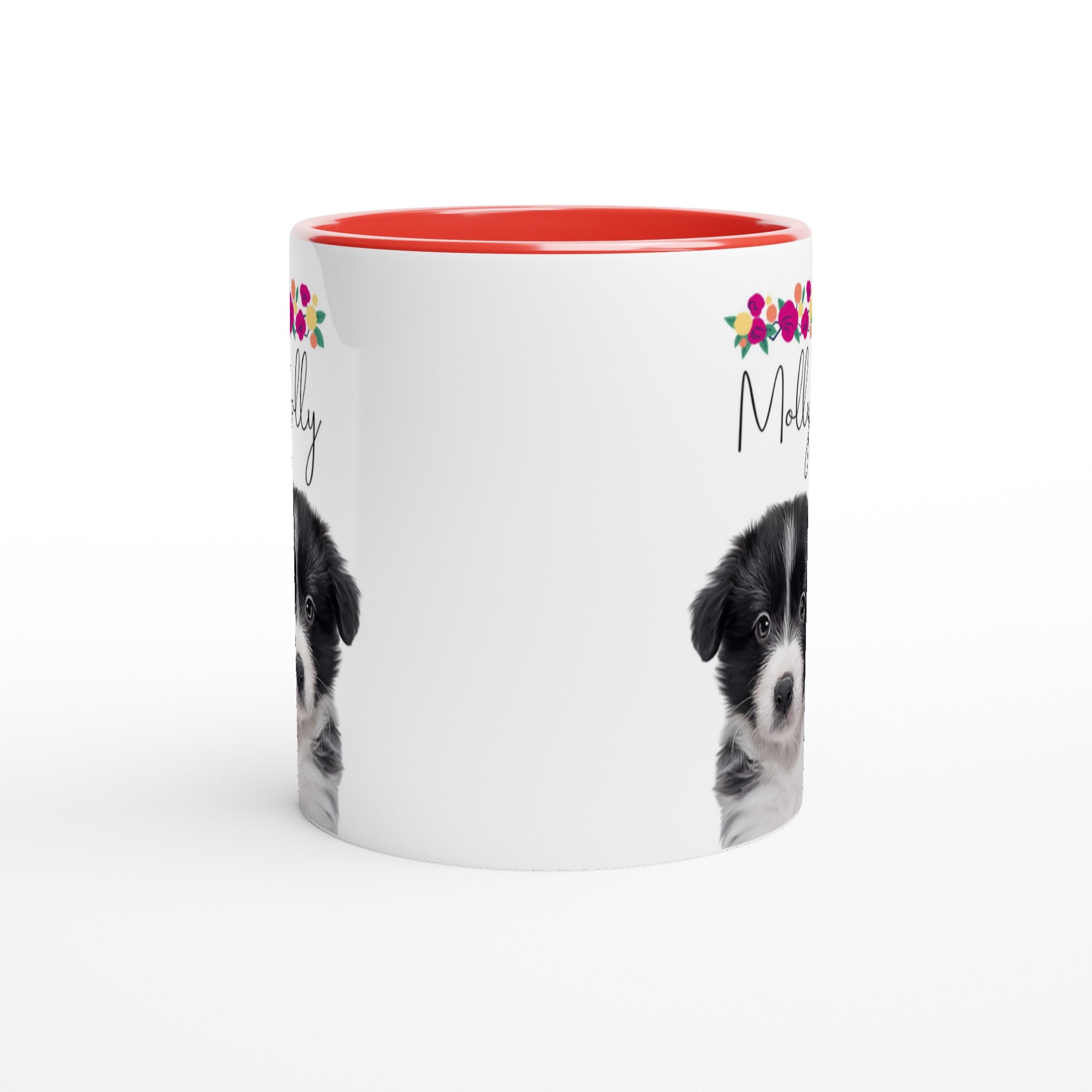Custom pet portrait mug. Border Collie puppy floral crown with pet name above dog. Red mug interior and handle.