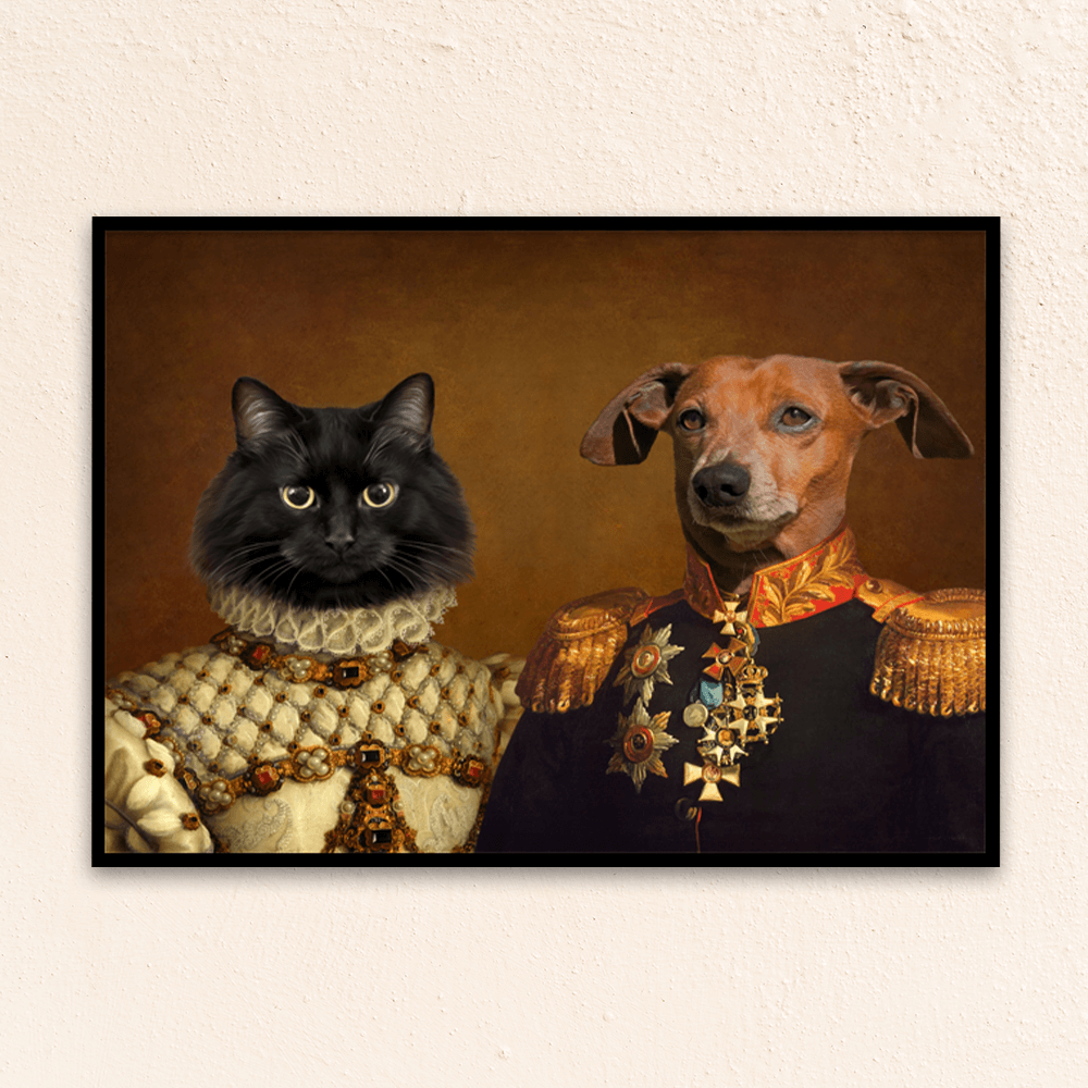 Custom multiple pet, pet portrait. Dog in renaissance blue military jacket. Cat in regal beige dress with pearls and rubies.