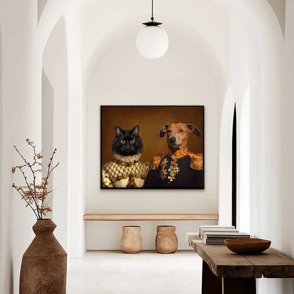 Custom multiple pet, pet portrait. Dog in renaissance blue military jacket. Cat in regal beige dress with pearls and rubies.