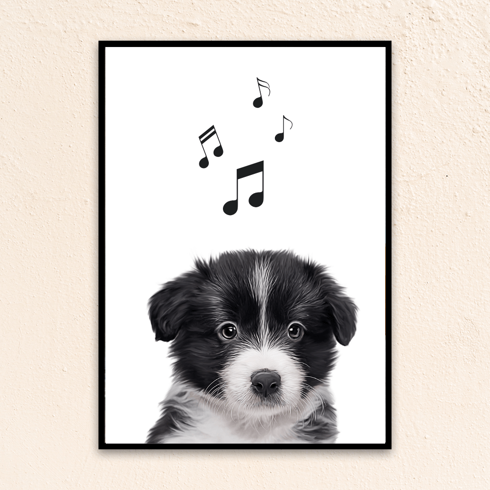 Border Collie Puppy with musical notes above head.