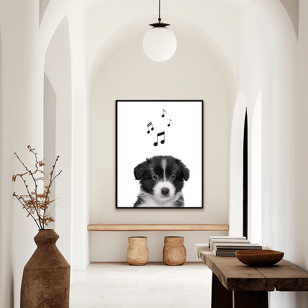 Border Collie Puppy with musical notes above head.