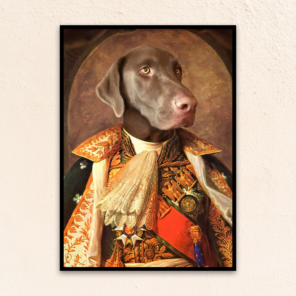 Custom military pet portrait wall art. Dog in renaissance military costume.