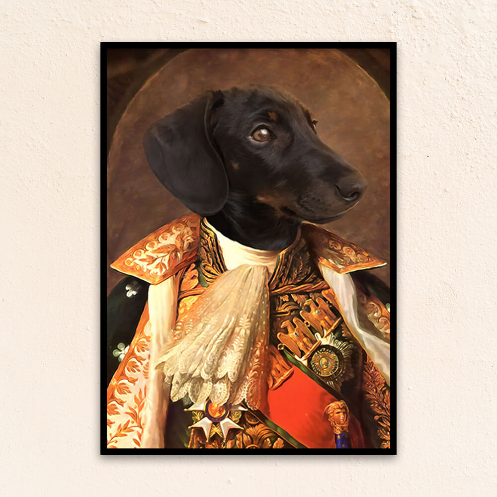 Custom military pet portrait wall art. Dachshund in renaissance military costume.