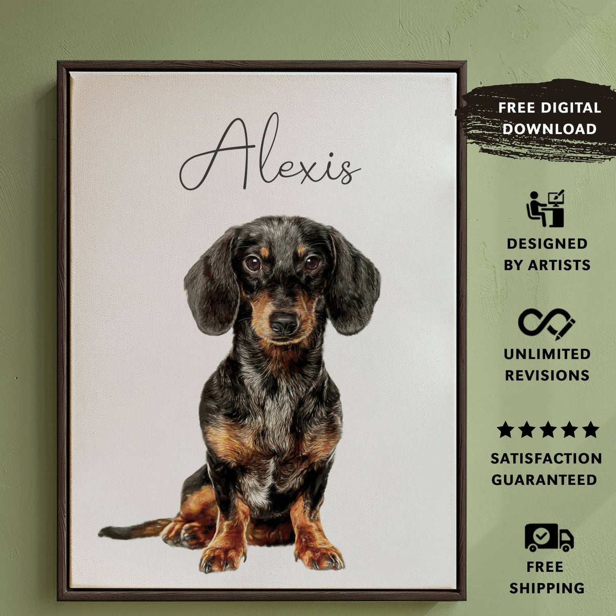Personalized portrait of your dog ,crafted by skilled artists. Choose from a variety of frames to showcase your pet’s one-of-a-kind personality.