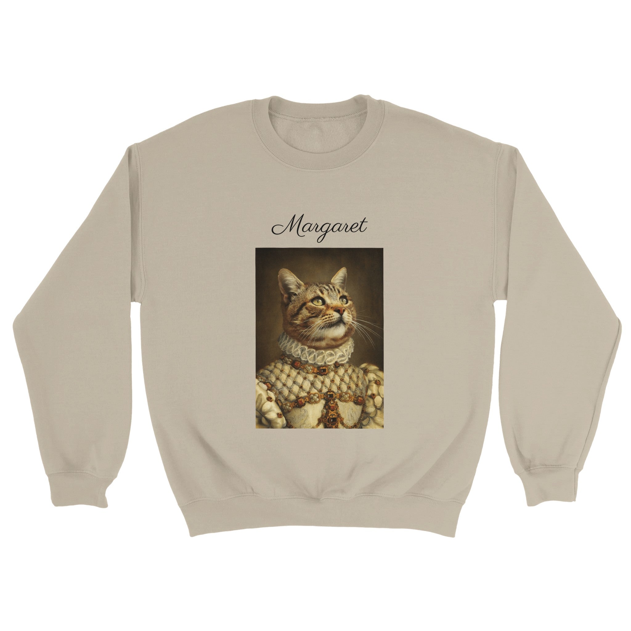Custom royal pet portrait beige sweatshirt. Ginger Tabby cat wearing a regal dress with pearls and ruby gems. The pet's name is written on top of pet image.