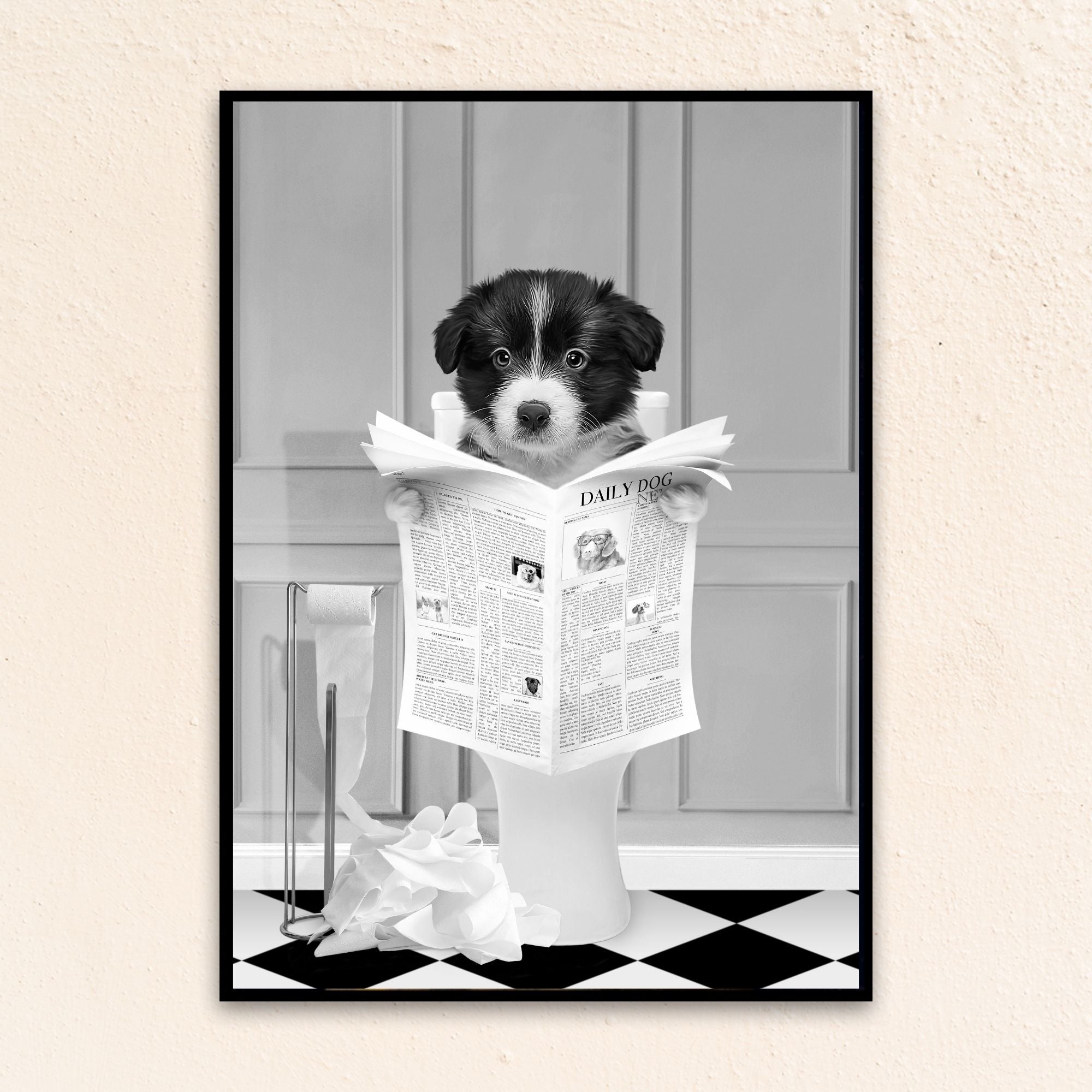 Custom funny pet portrait wall art. Border Collie puppy holding newspaper on toilet with black and white checker tiled floor.