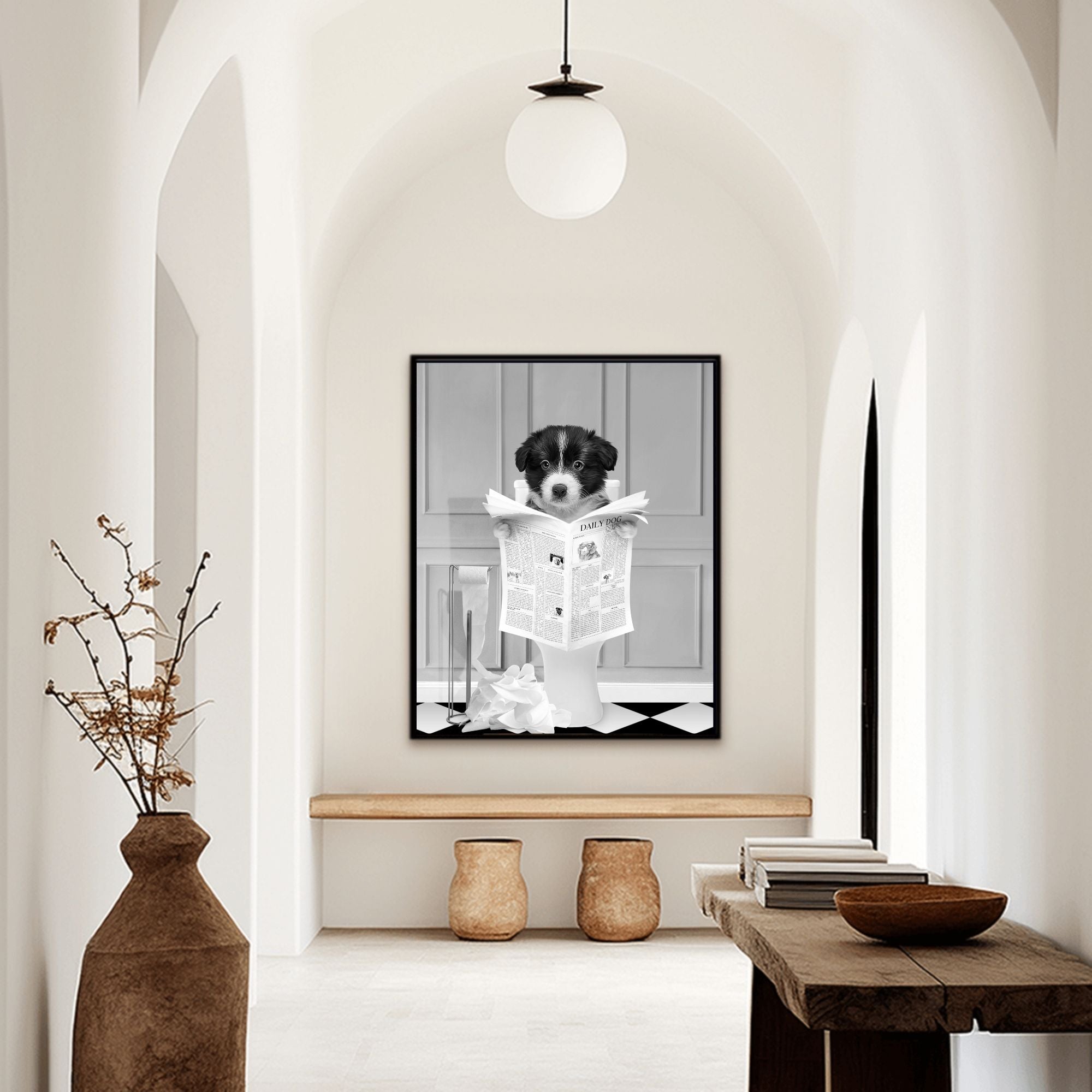 Custom funny pet portrait wall art. Border Collie puppy holding newspaper on toilet with black and white checker tiled floor.