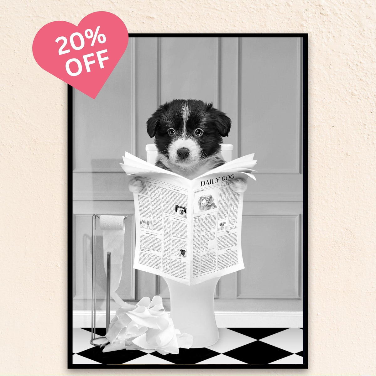 Custom Bathroom Art Pet Portrait | Reading A Newspaper - Black & White