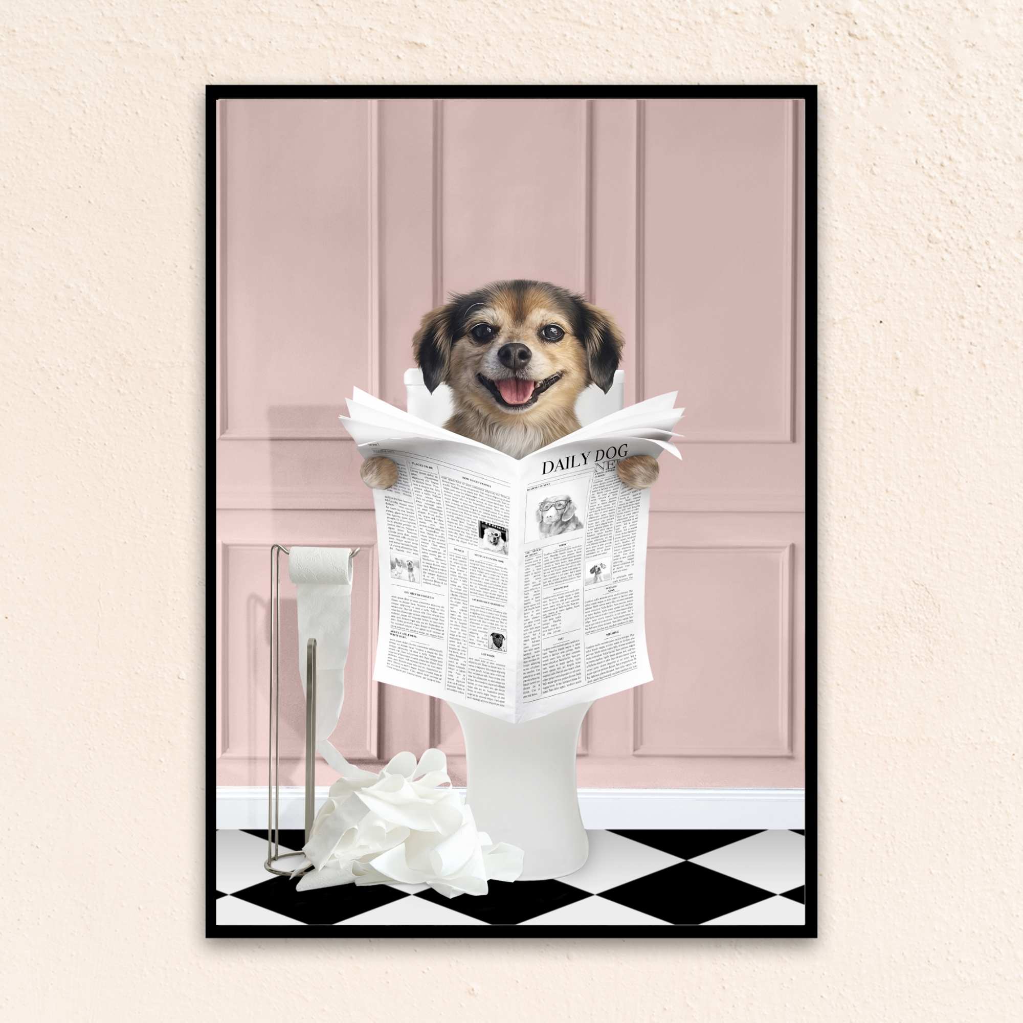 Custom Bathroom Art Dog Portrait I Reading A Newspaper - Pink