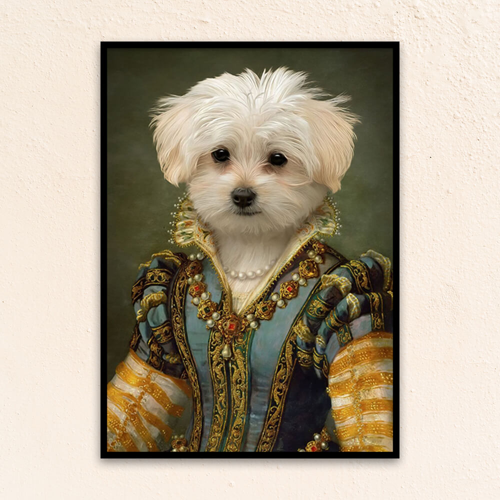 Custom regal pet portrait wall art. Maltese dog in renaissance dress with pearl necklace.