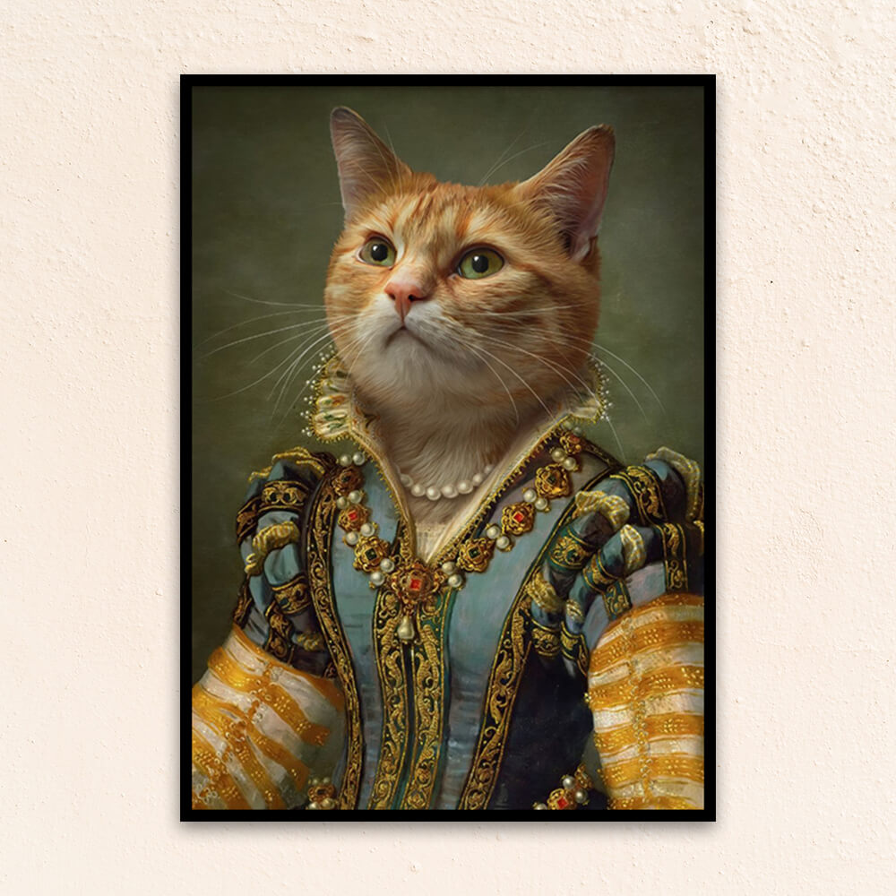 Side view of The Renaissance Queen custom renaissance pet portrait, emphasizing the rich textures, ballooned sleeves, and majestic posture of a royal companion.