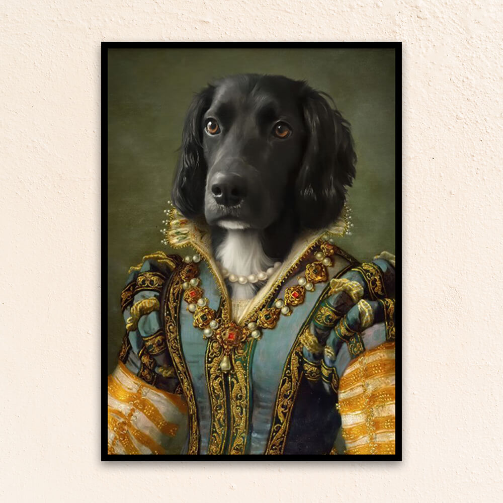 Custom regal pet portrait wall art. Dog in renaissance dress with pearl necklace.