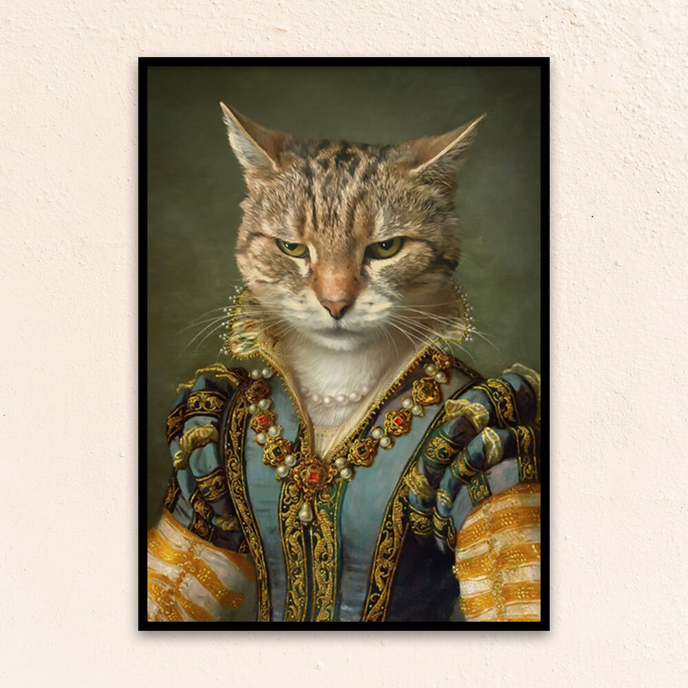 Custom regal pet portrait wall art. Tabby cat in renaissance dress with pearl necklace.