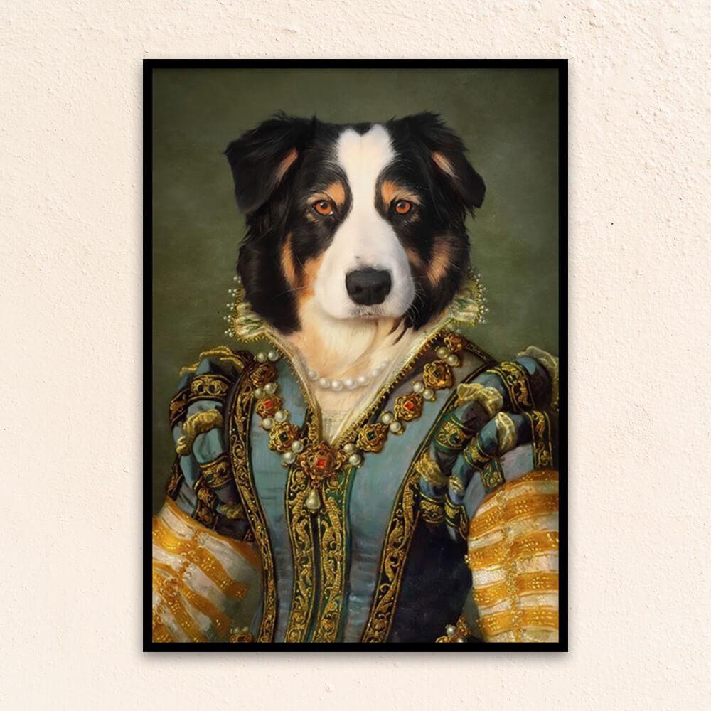 Custom regal pet portrait wall art. Dog in renaissance dress with pearl necklace.