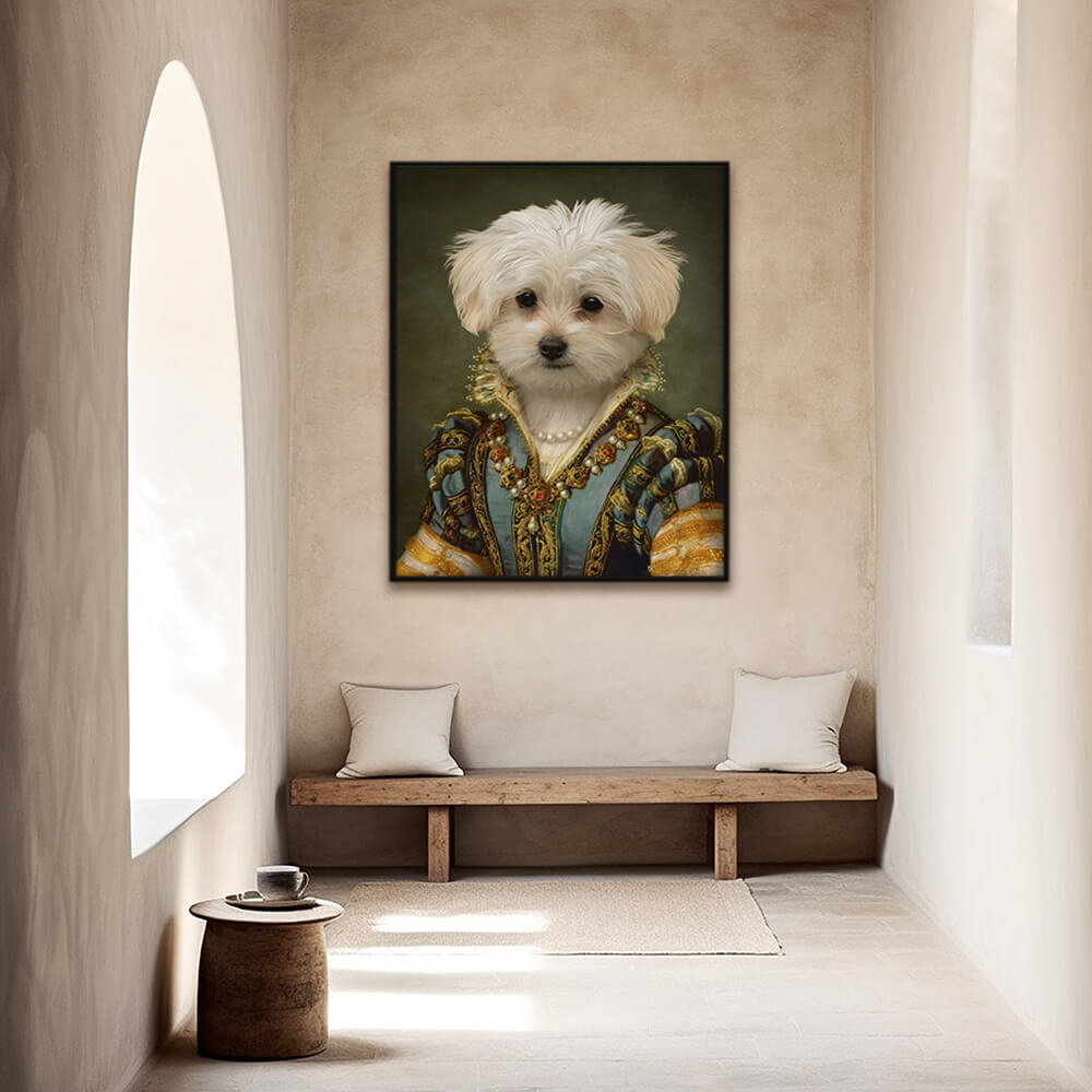 Framed Renaissance Queen custom medieval dog portrait displayed in a hallway, showcasing its regal presence and refined wall art appeal.