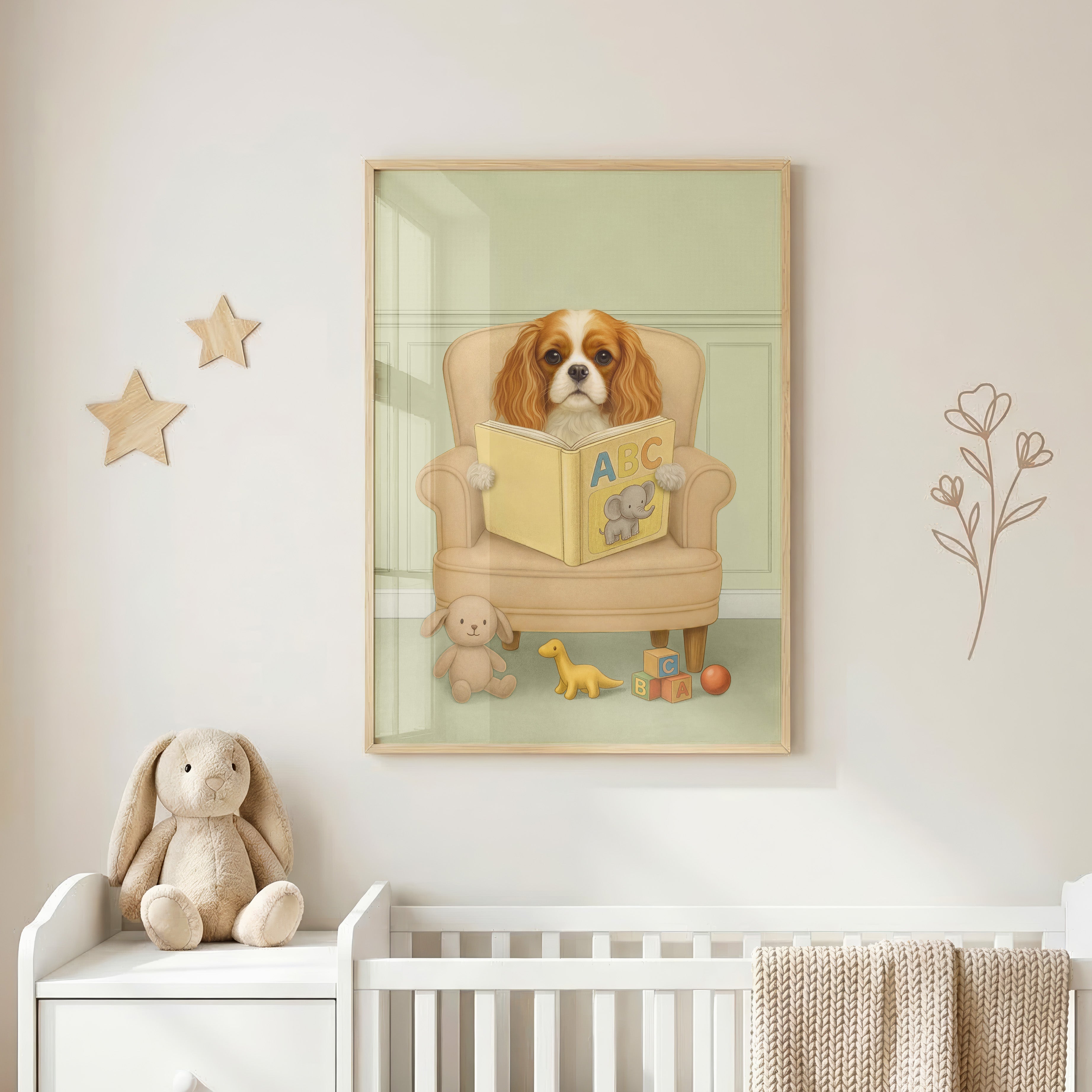 Close-up of handcrafted nursery pet portrait in sage green backdrop showcasing a charming pup seated beneath a whimsical mobile.