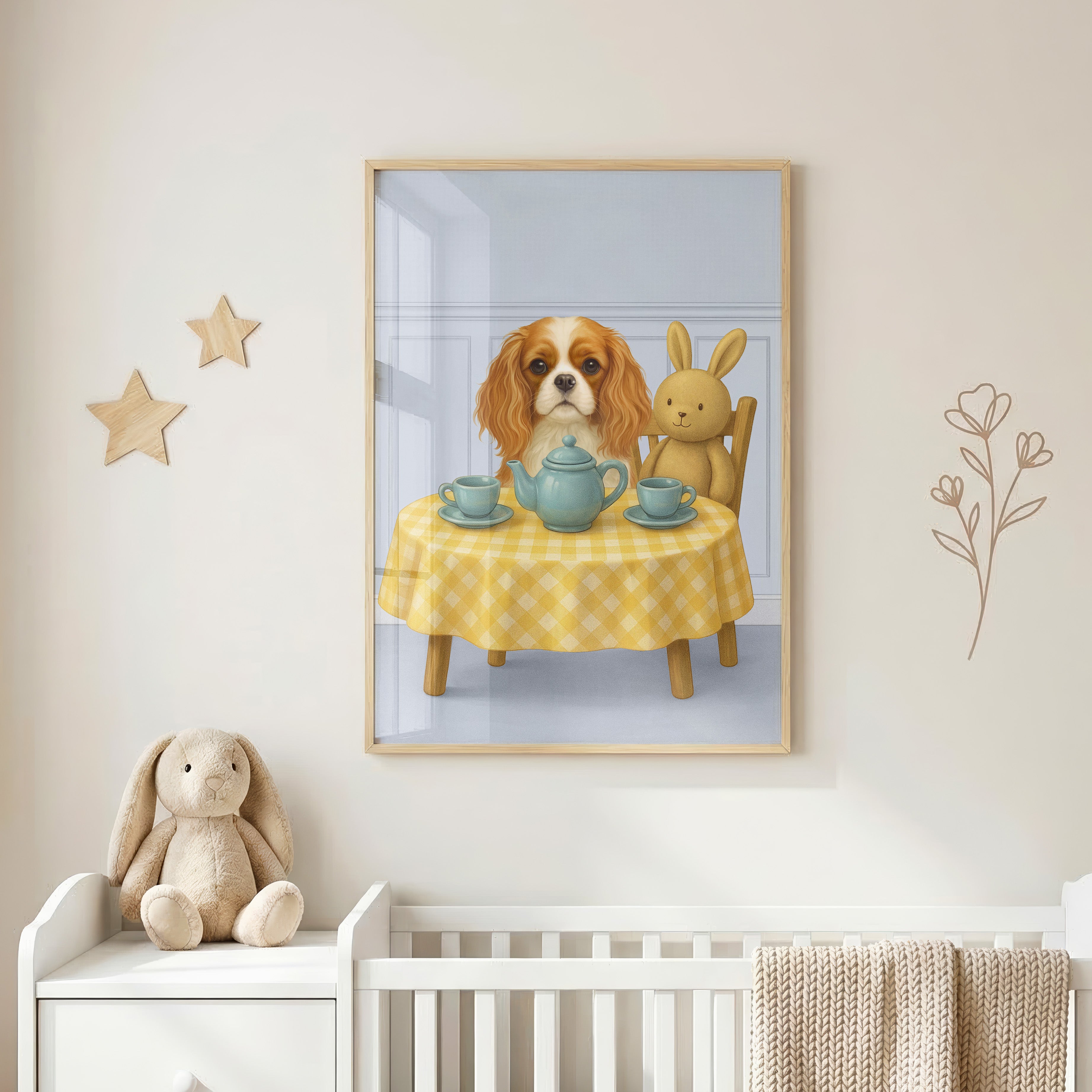 Close-up of custom nursery pet portrait in a dusty blue wall art set featuring a pup having tea party with a cute bunny