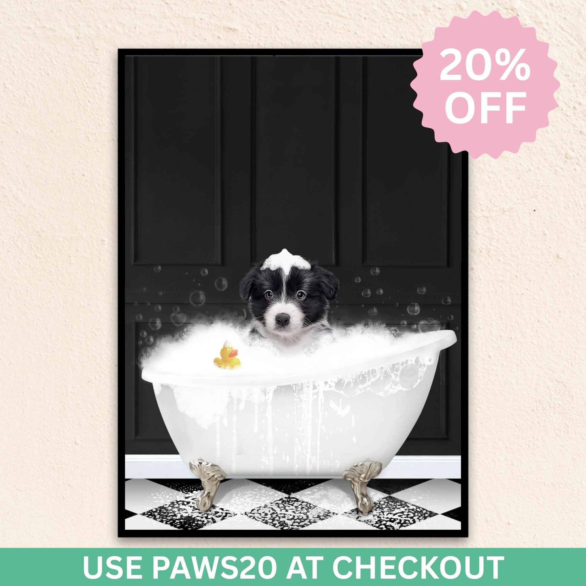 Custom funny pet portrait wall art, Border Collie puppy in bath tub with rubber duckie and black and white checker tiled floor.