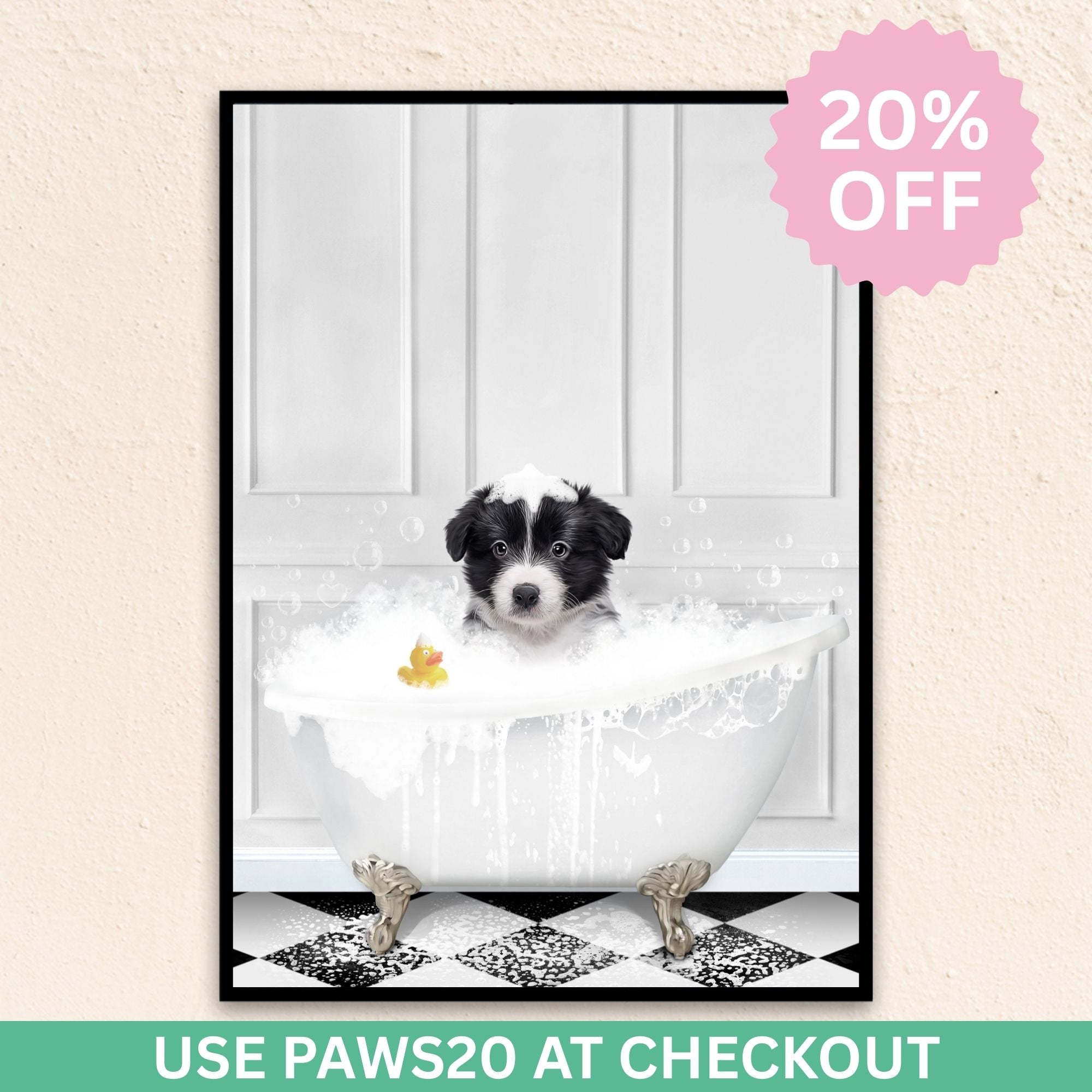 Custom funny pet portrait wall art, Border Collie puppy in bath tub with rubber duckie and black and white checker tiled floor.
