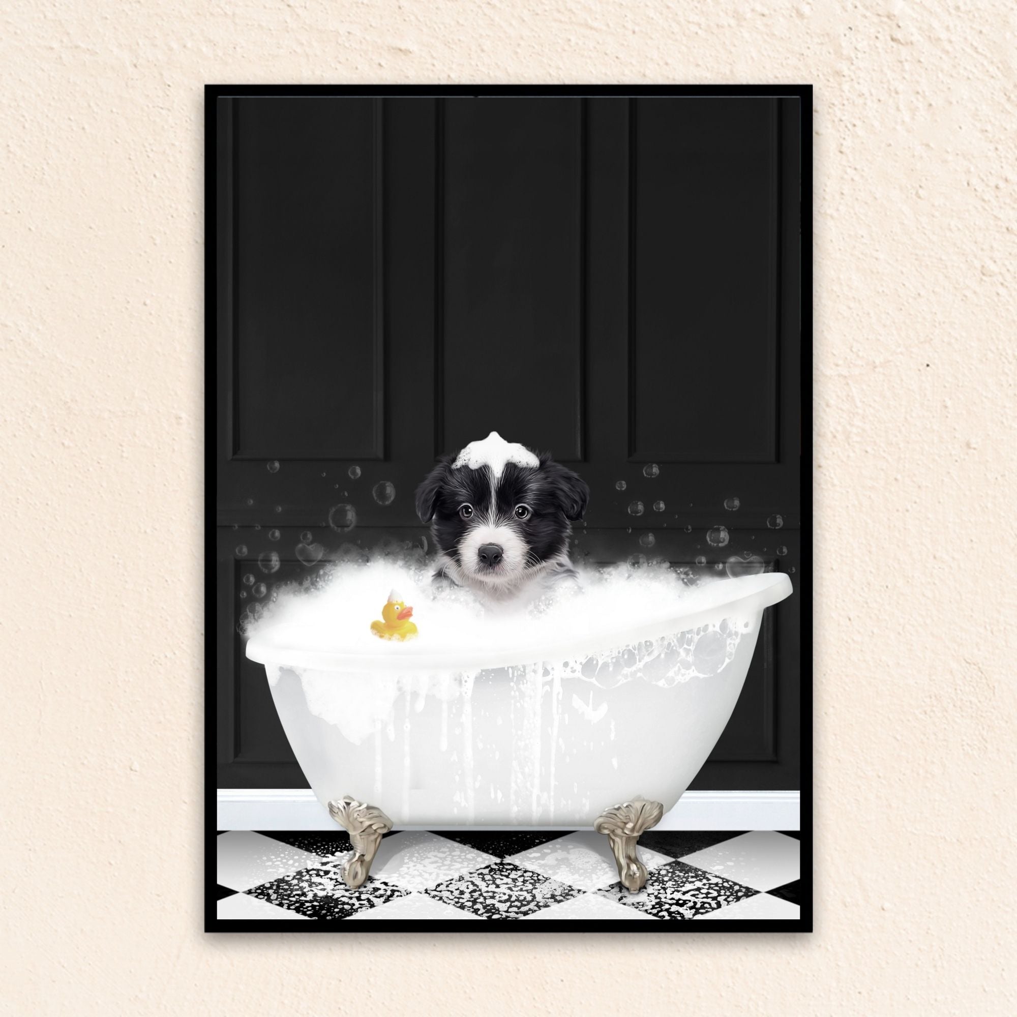 Custom funny pet portrait wall art, Border Collie puppy in bath tub with rubber duckie and black and white checker tiled floor.