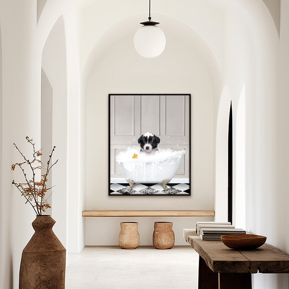 Custom funny pet portrait wall art, Border Collie puppy in bath tub with rubber duckie and black and white checker tiled floor.