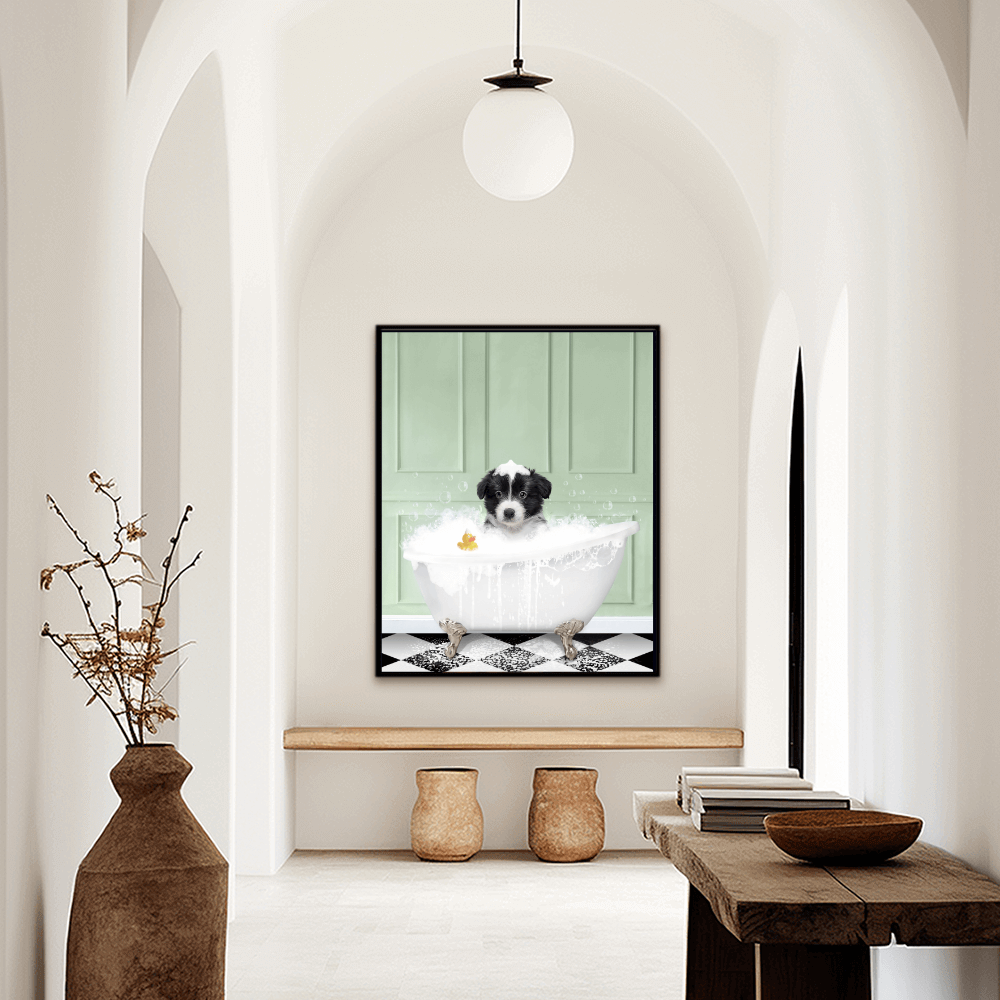Custom funny pet portrait hallway wall art, Border Collie puppy in bath tub with rubber duckie and black and white checker tiled floor.