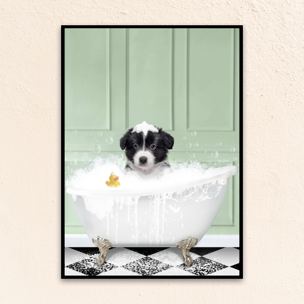 Custom funny pet portrait wall art, Border Collie puppy in bath tub with rubber duckie and black and white checker tiled floor.